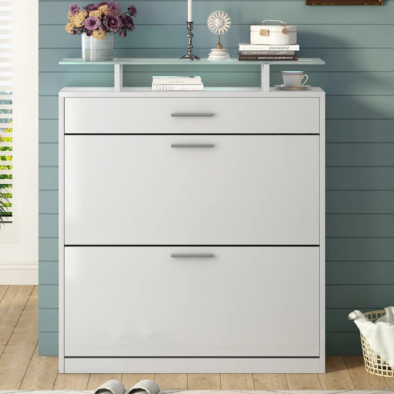 Organizzatore salvaspazio per ingresso con 2 cassetti a ribalta, scarpiera con ripiano superiore in vetro temperato e cassetto