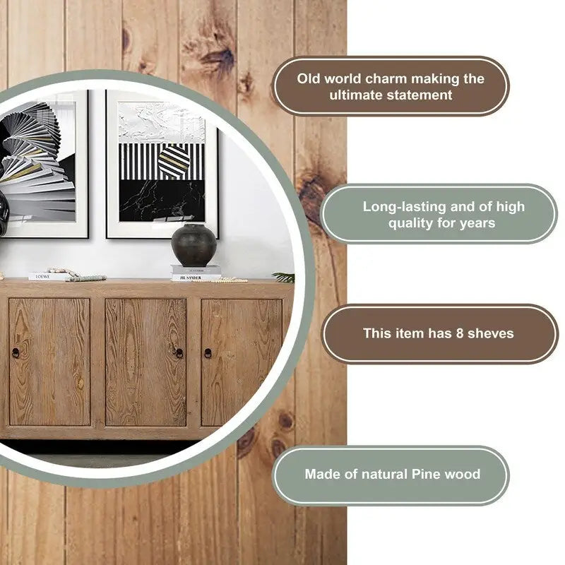 Capri Credenza con 4 Ante, Legno di Pino Weathered 86.6x18.9x39.8H