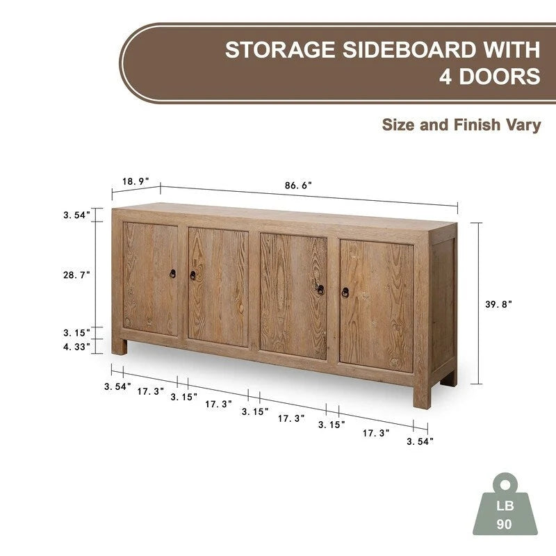 Capri Credenza con 4 Ante, Legno di Pino Weathered 86.6x18.9x39.8H