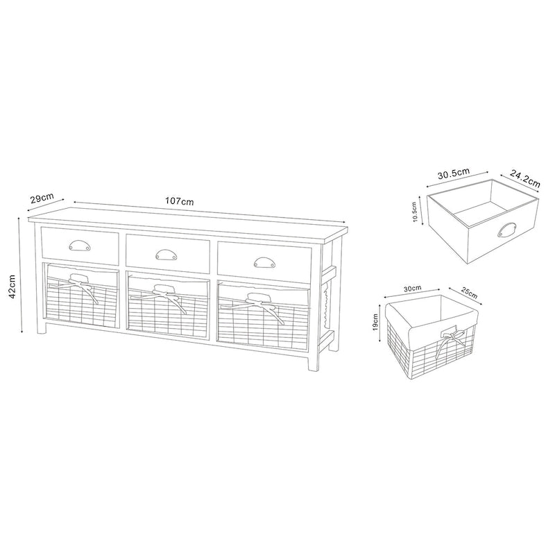 Panca contenitore in legno Mabyn moderna e contemporanea a 3 cassetti con cesti