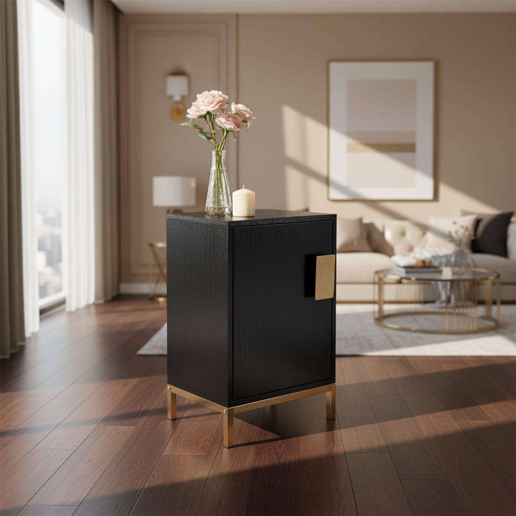 Elegante mobiletto con finitura rovere nero e gambe in metallo dorato