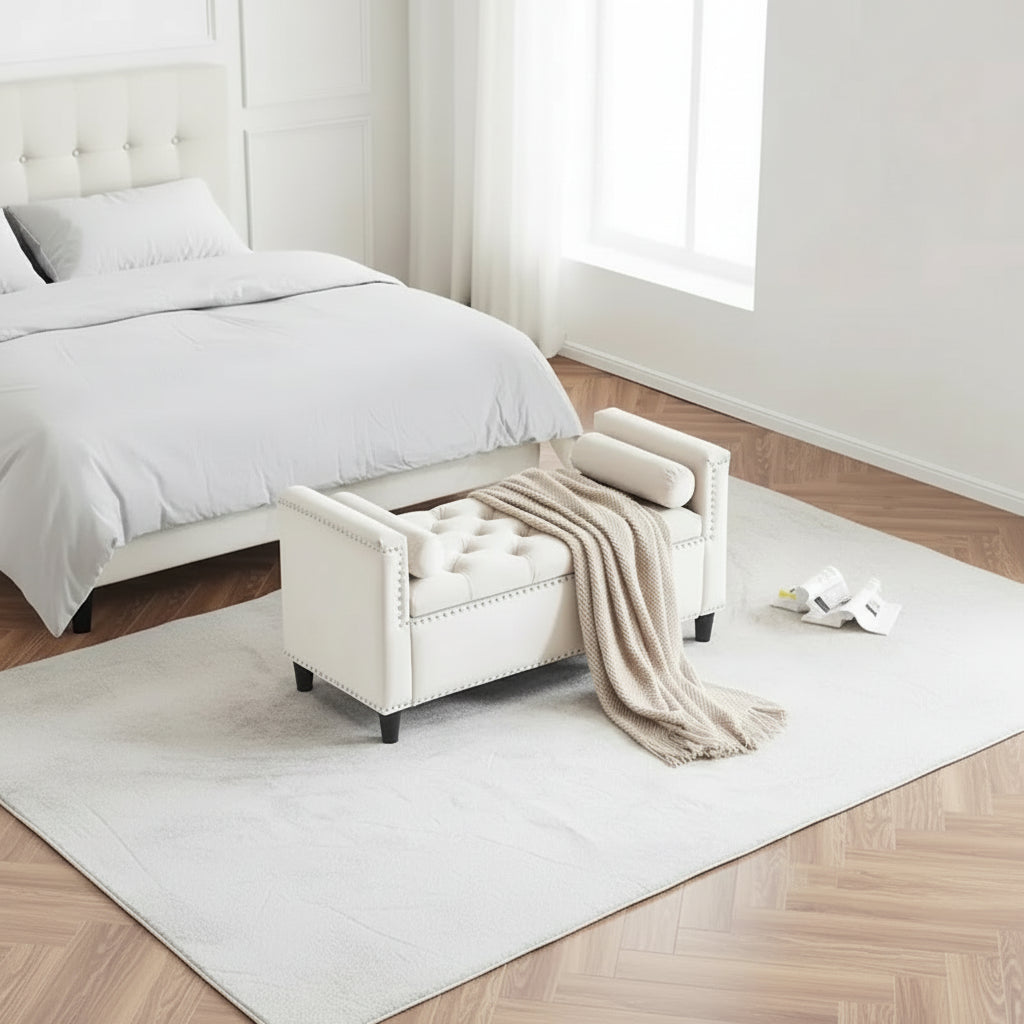 Upholstered Storage Bench with Armrests for Living Room Entryway