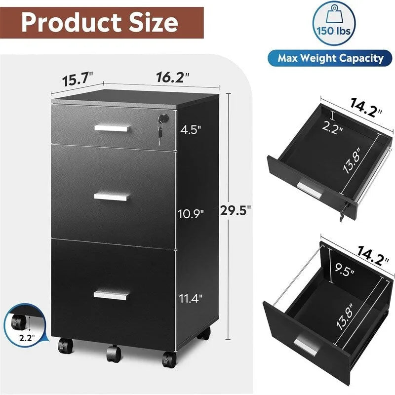 Cassettiera Portadocumenti a 3 Cassetti con Ruote e Serratura - 40,6P x 39,9L x 78H cm