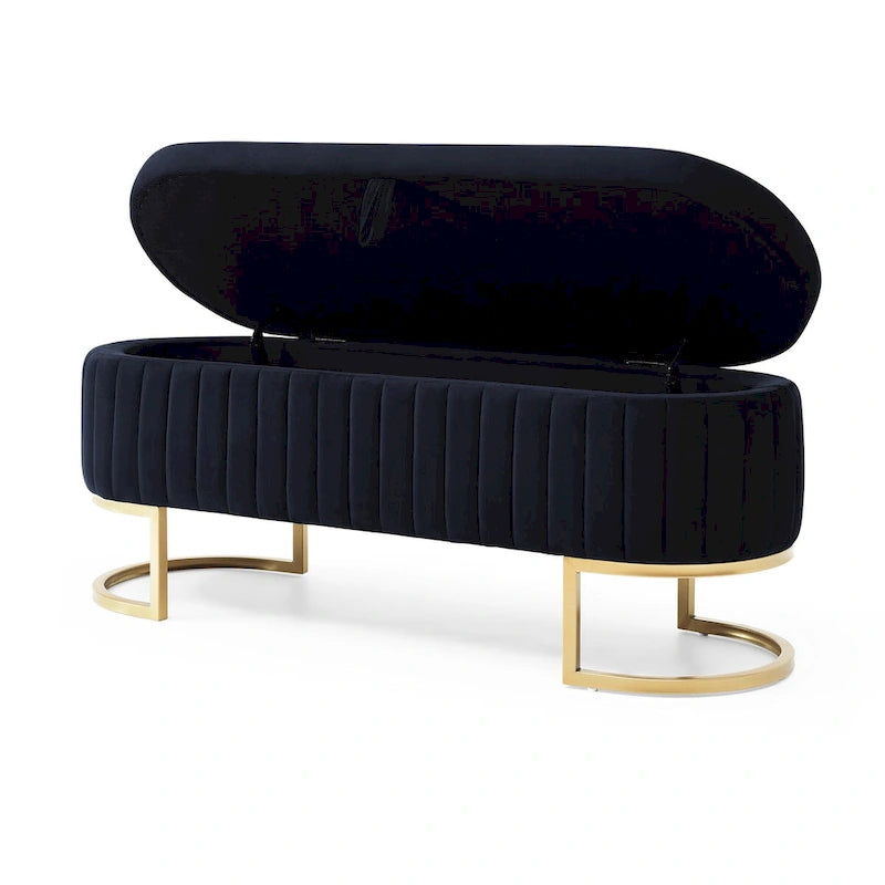 Panca Contenitore da Camera, Panca da Letto Ovale Imbottita in Velluto con Gambe in Metallo Dorato, Panca Contenitore Pouf 50 cm