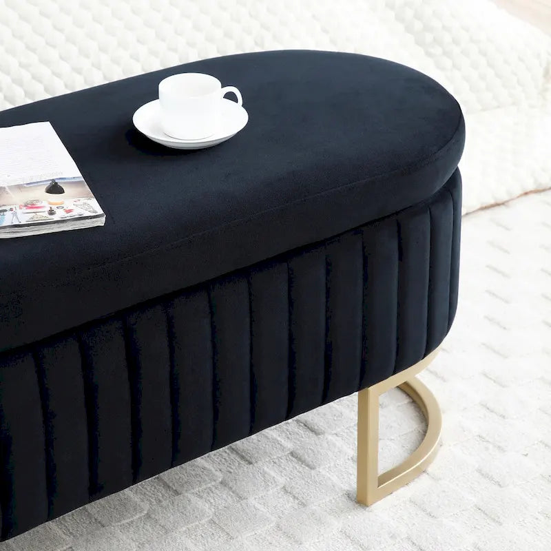 Panca Contenitore da Camera, Panca da Letto Ovale Imbottita in Velluto con Gambe in Metallo Dorato, Panca Contenitore Pouf 50 cm