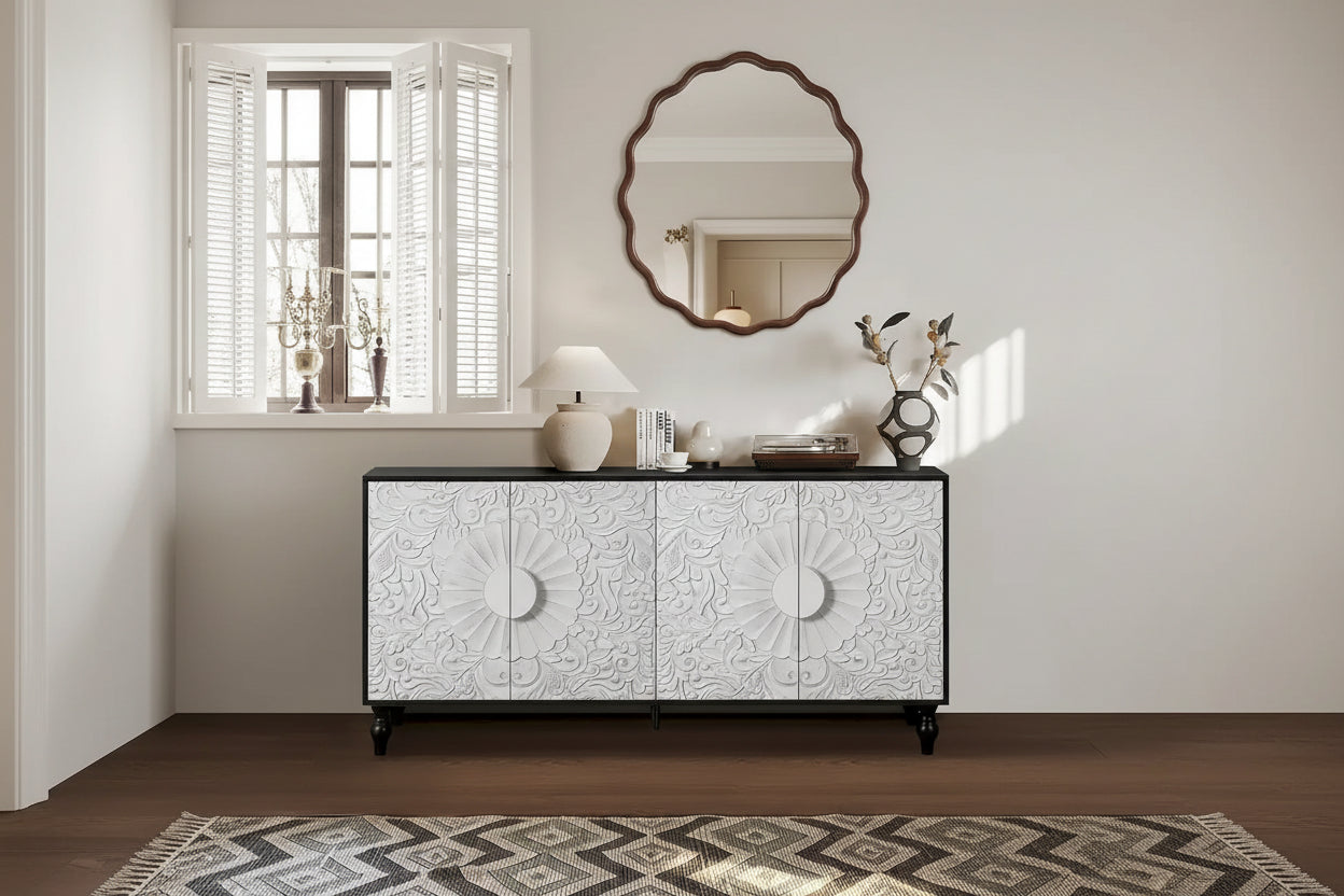 Carved Symmetrical Design Door Frame for TV Stand Table