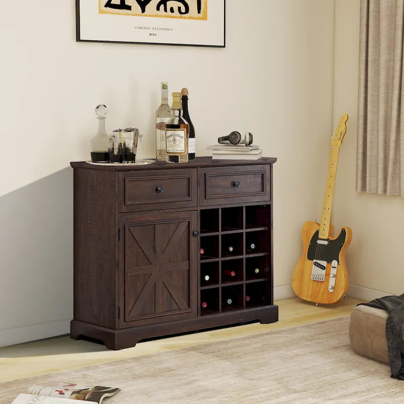 Mobile Bar a Credenza Stile Barn Door con Cassetti e Ripiani Contenitori