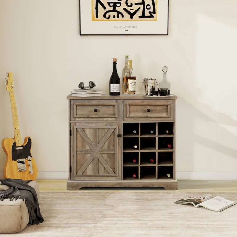 Mobile Bar a Credenza Stile Barn Door con Cassetti e Ripiani Contenitori