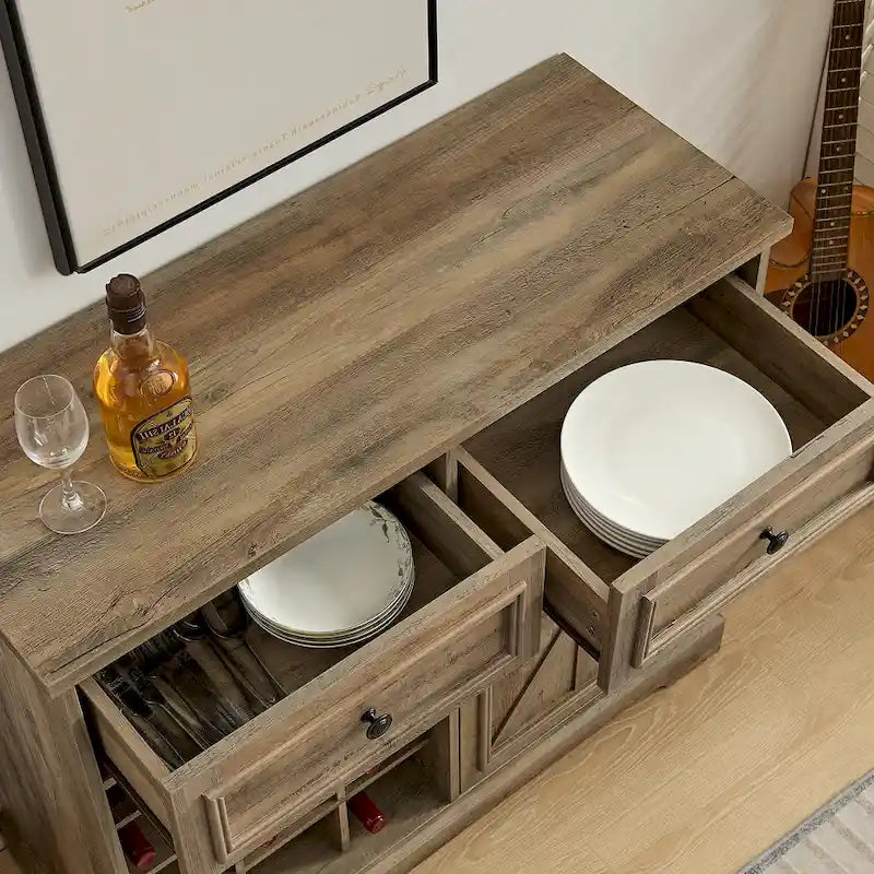 Mobile Bar a Credenza Stile Barn Door con Cassetti e Ripiani Contenitori