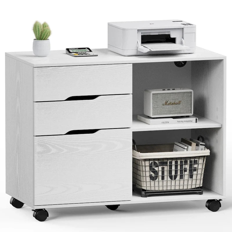 3 Drawer Mobile Lateral Filing Cabinet with Open Storage Shelves Functions as Printer Stand