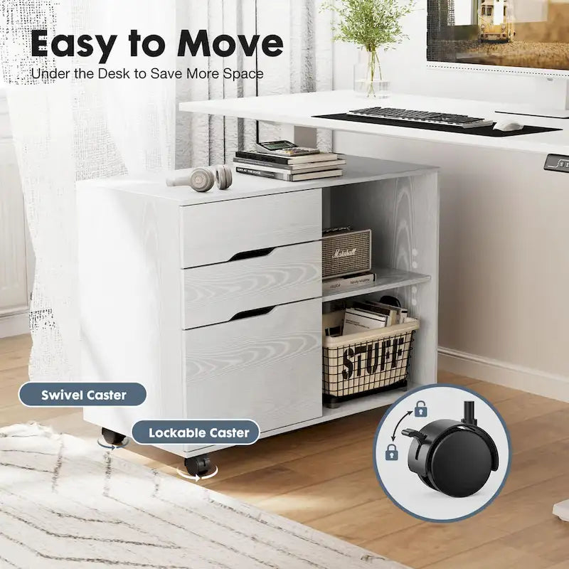 Classificatore laterale mobile a 3 cassetti con ripiani a giorno, utilizzabile come supporto per stampante