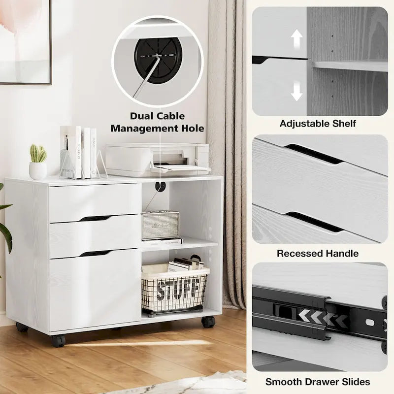 Classificatore laterale mobile a 3 cassetti con ripiani a giorno, utilizzabile come supporto per stampante