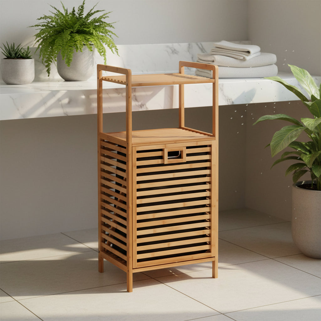Bathroom Laundry Basket Bamboo Storage Basket with 2-tier Shelf 17.32 x 13 x 37.8 inch