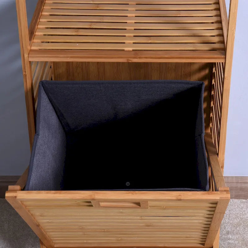 Cesto portabiancheria da bagno in bambù con ripiano a 2 livelli 44 x 33 x 96 cm